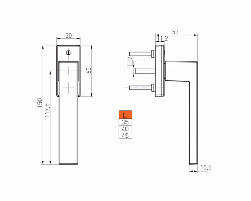 Ручка оконная Internika DUBLIN 35 мм, алюминиевая, 2 винта, серебро F1 (45°) (матовая поверхность) 1 шт.